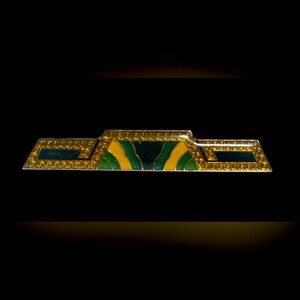 Vintage Art Deco Gold & Green Enamel Bar Pin / Brooch- Republic of China Taiwan